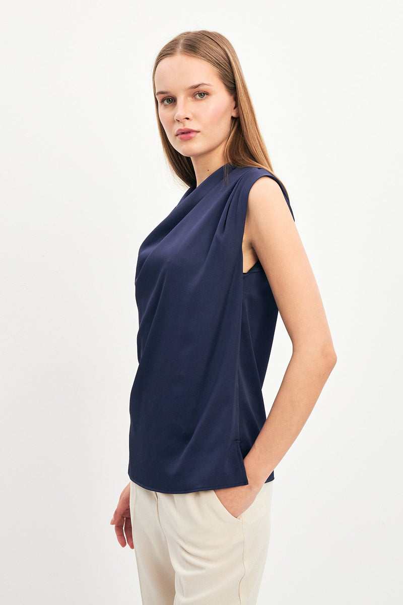 Setre Asymmetric Collar Sleeveless Blouse Navy