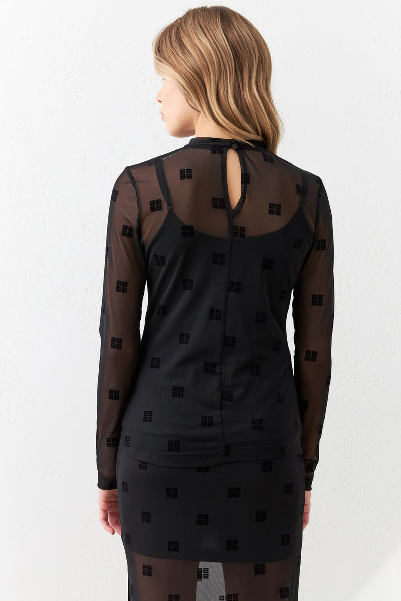 Setre Mini Print Detailed Transparent Detailed Blouse Black