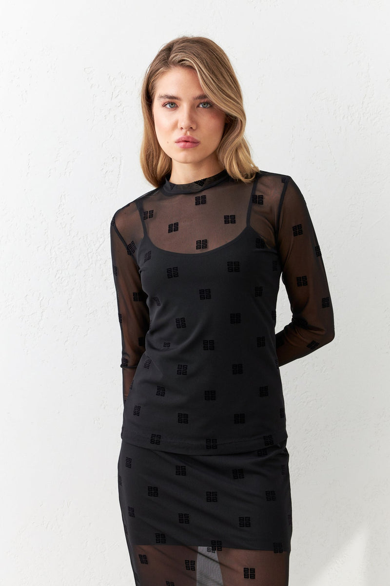 Setre Mini Print Detailed Transparent Detailed Blouse Black