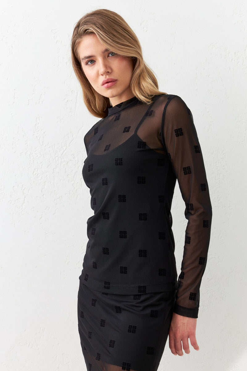 Setre Mini Print Detailed Transparent Detailed Blouse Black