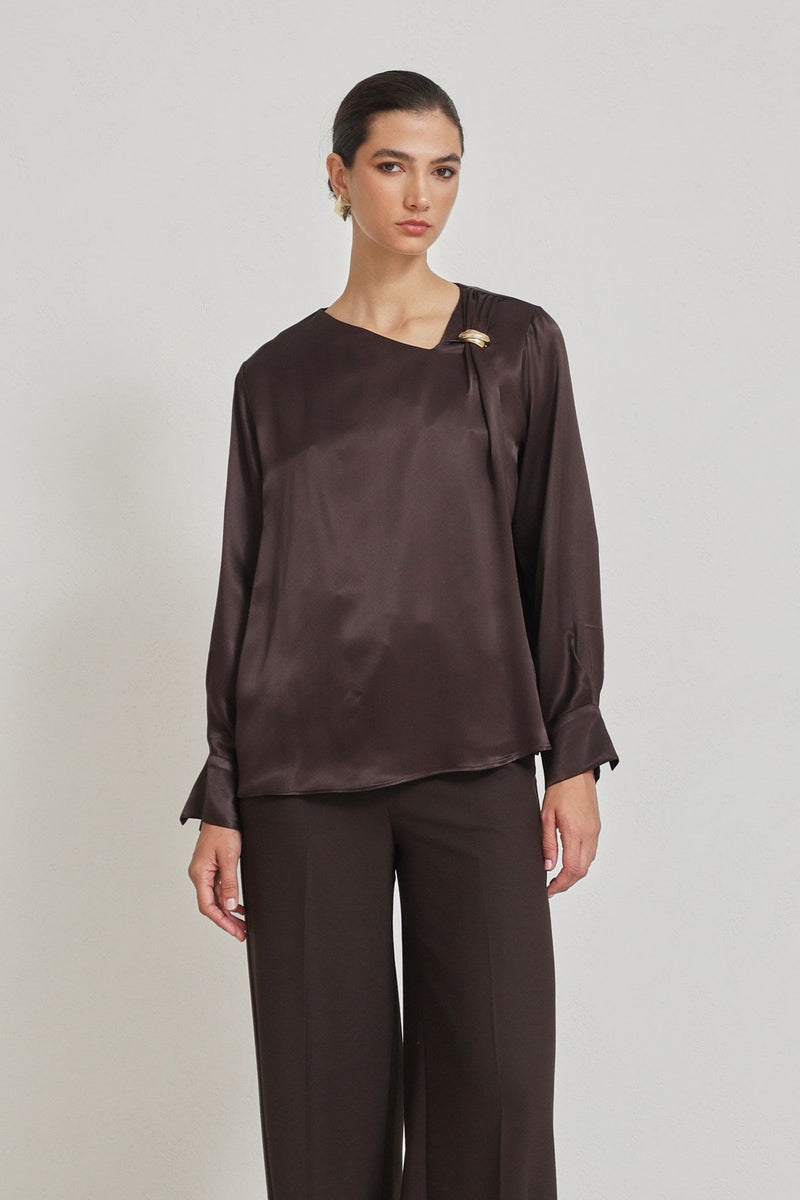 Setre Collar Accessory Detailed Relaxed Cut Blouse Chocolate Brown