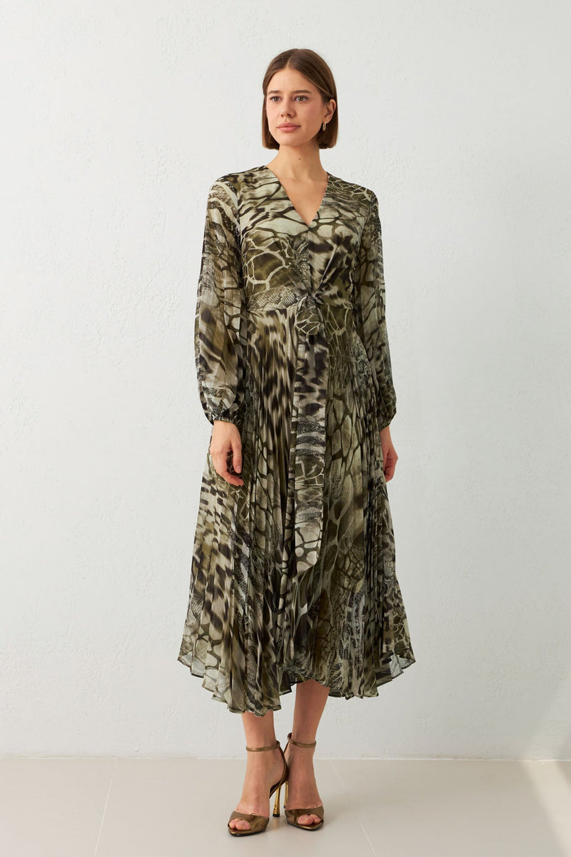 Setre  V-Neck Printed Midi Dress Mink