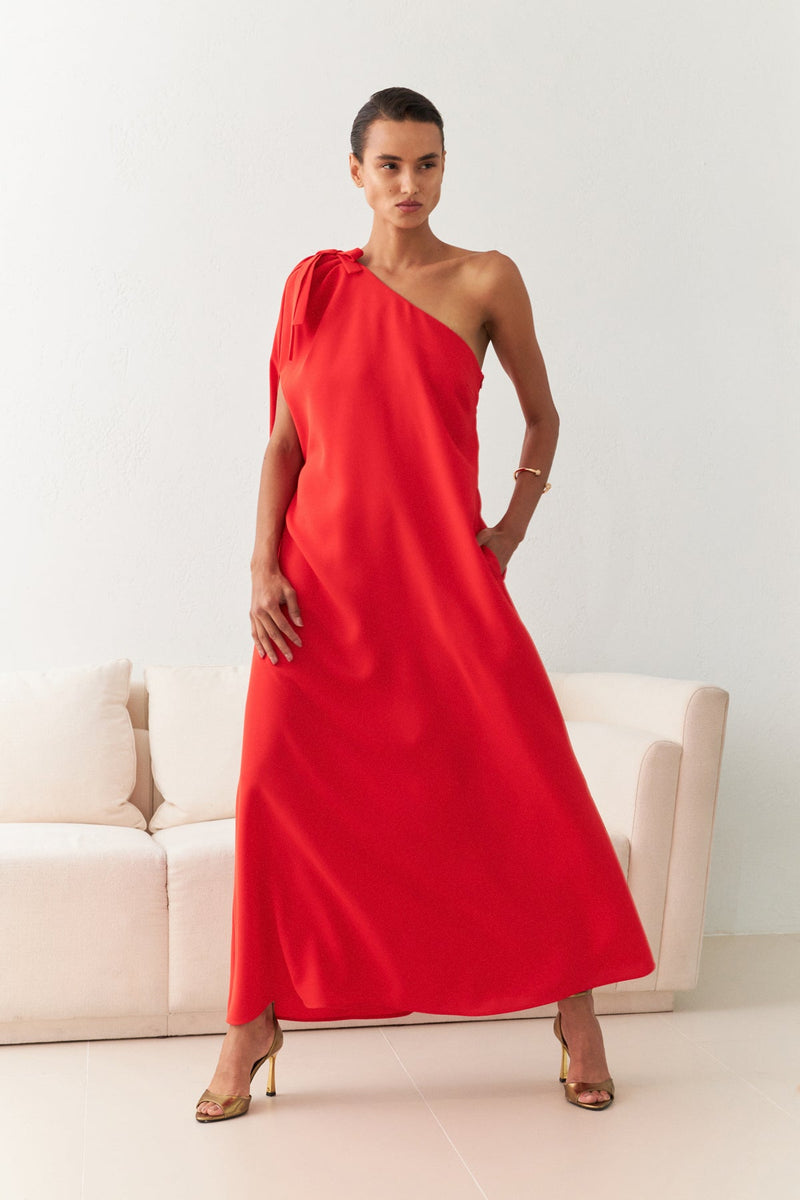 Setre One Shoulder Midi Dress Red