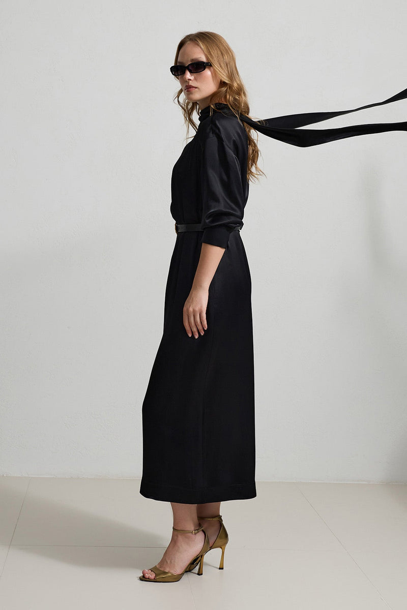 Setre Neck Detailed Waist Belted Dress Black
