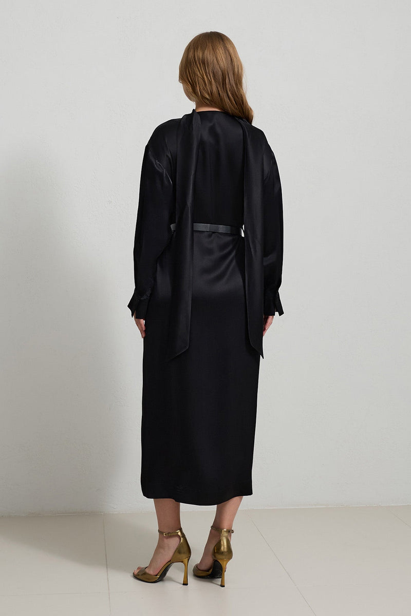 Setre Neck Detailed Waist Belted Dress Black
