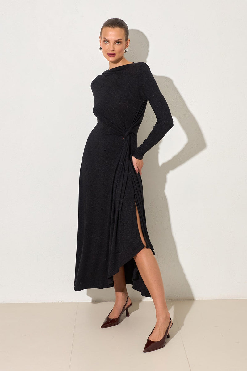 Setre Waist Gather Detailed Long Sleeve Dress Black