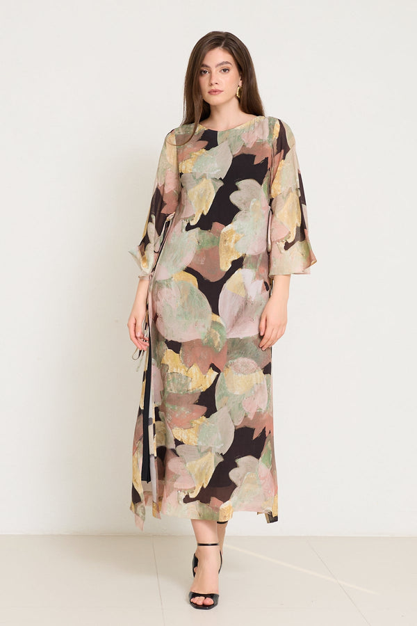 Setre Side Tie Detailed Long Sleeve Patterned Dress Black/Yellow