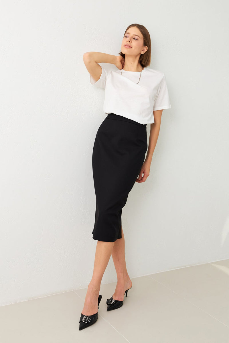 Setre Waist Fitted Midi Length Pencil Skirt Black