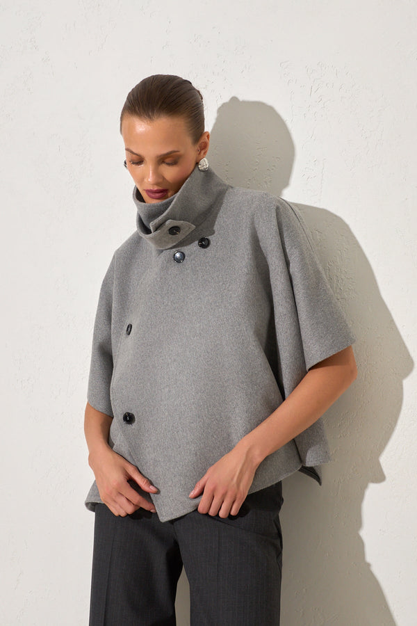 Setre Button Detailed Poncho Coat Grey