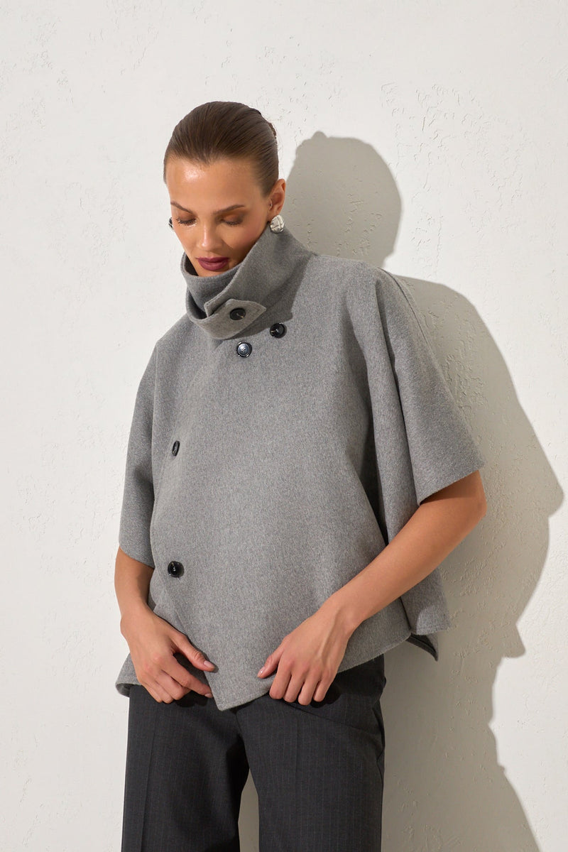 Setre Button Detailed Poncho Coat Grey