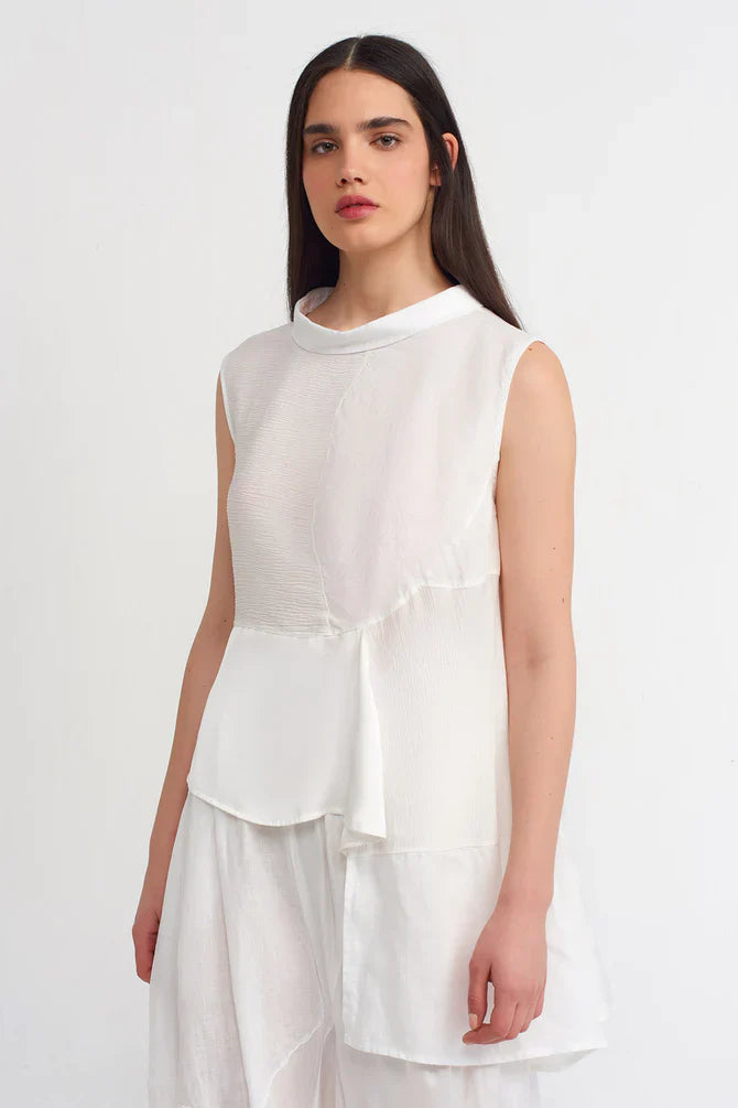 NU Solid Sleeveless Asymmetrical Blouse Off White