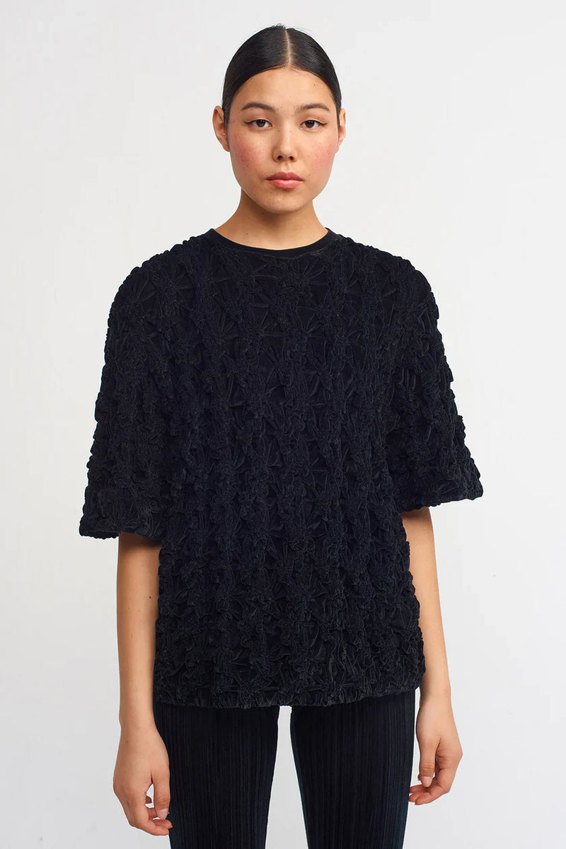 NU Velvet Shirred Detail T-Shirt Black