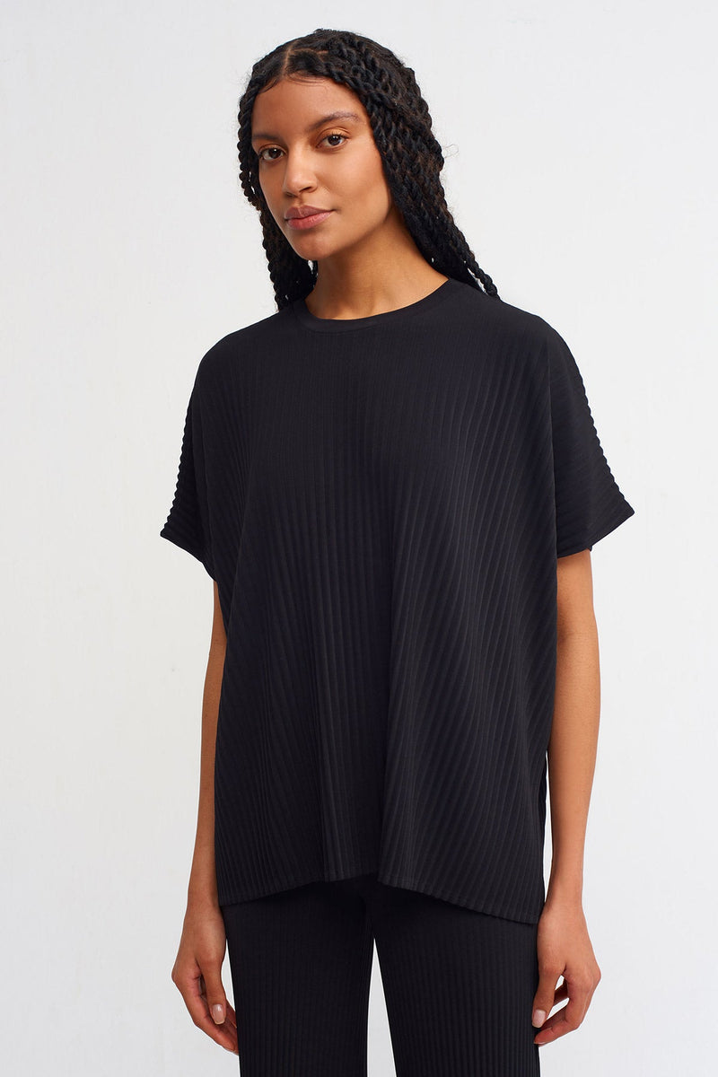NU Solid Allover Ribbed Blouse Black