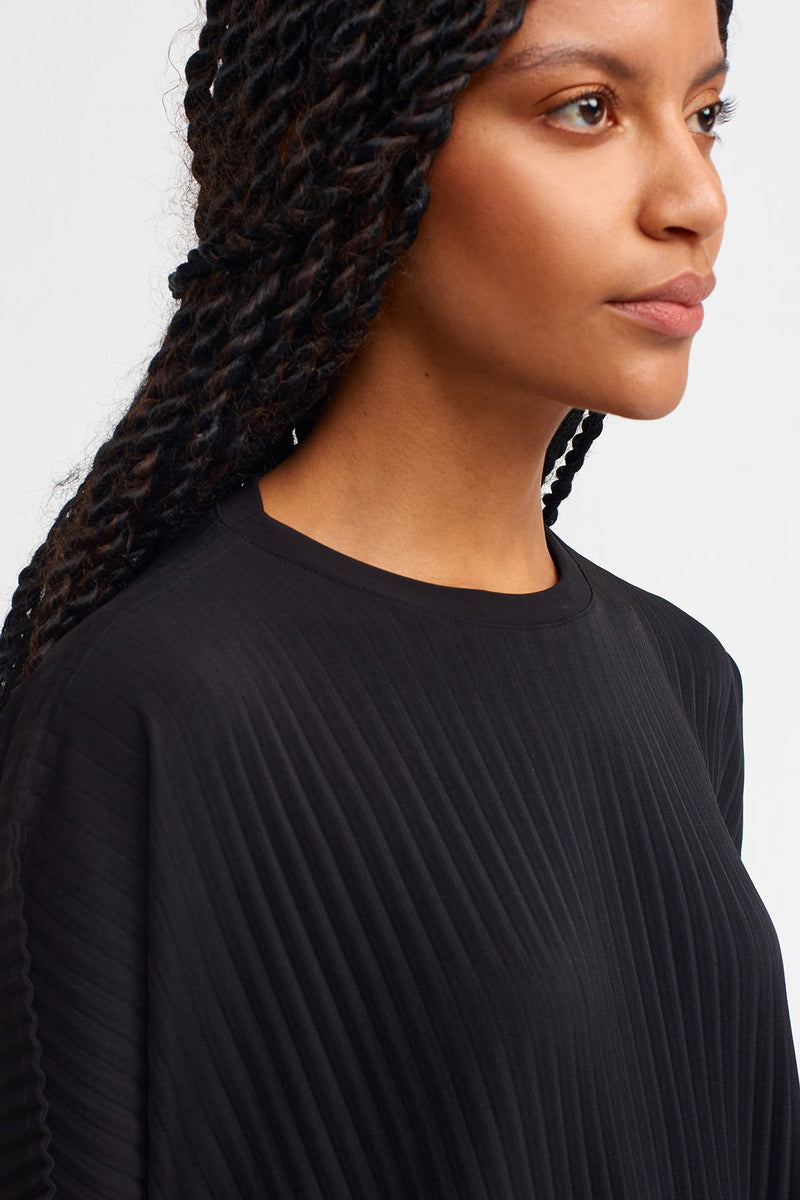 NU Solid Allover Ribbed Blouse Black