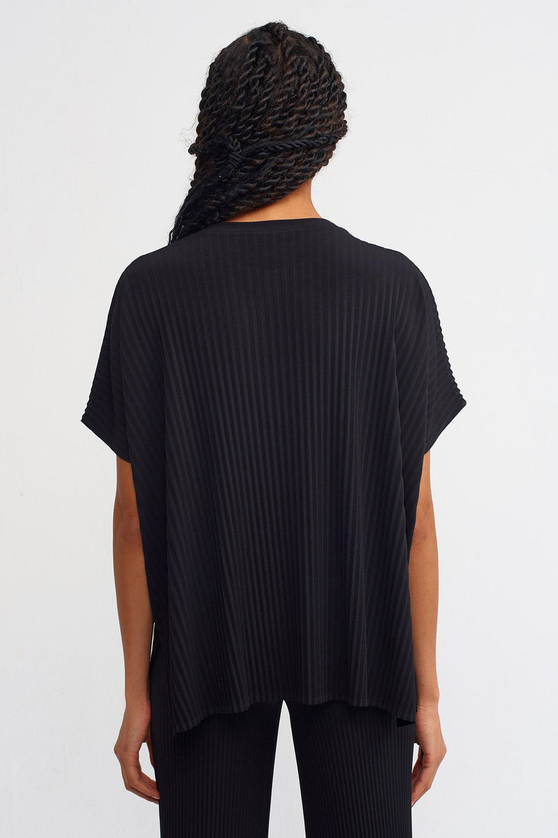 NU Solid Allover Ribbed Blouse Black