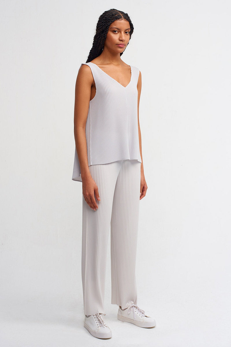 NU Solid V-Neck Ribbed Blouse Ice