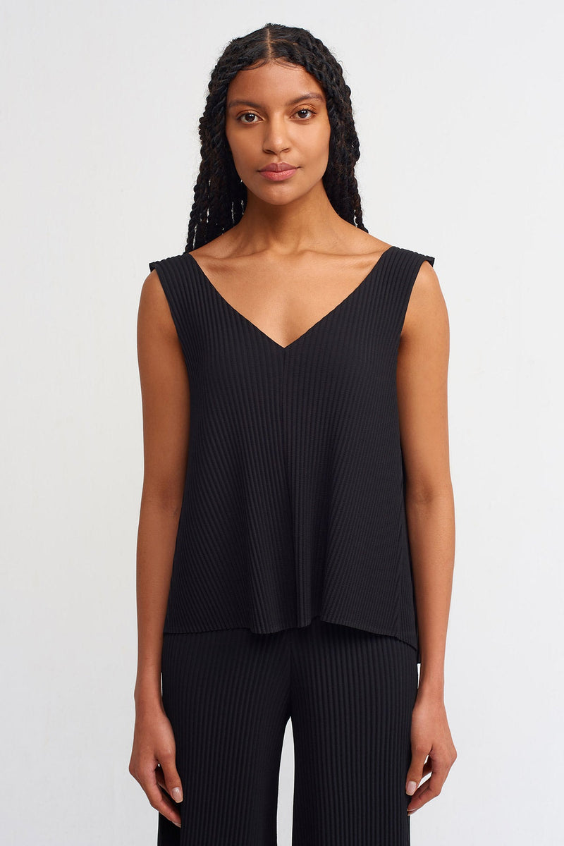 NU Solid V-Neck Ribbed Blouse Black