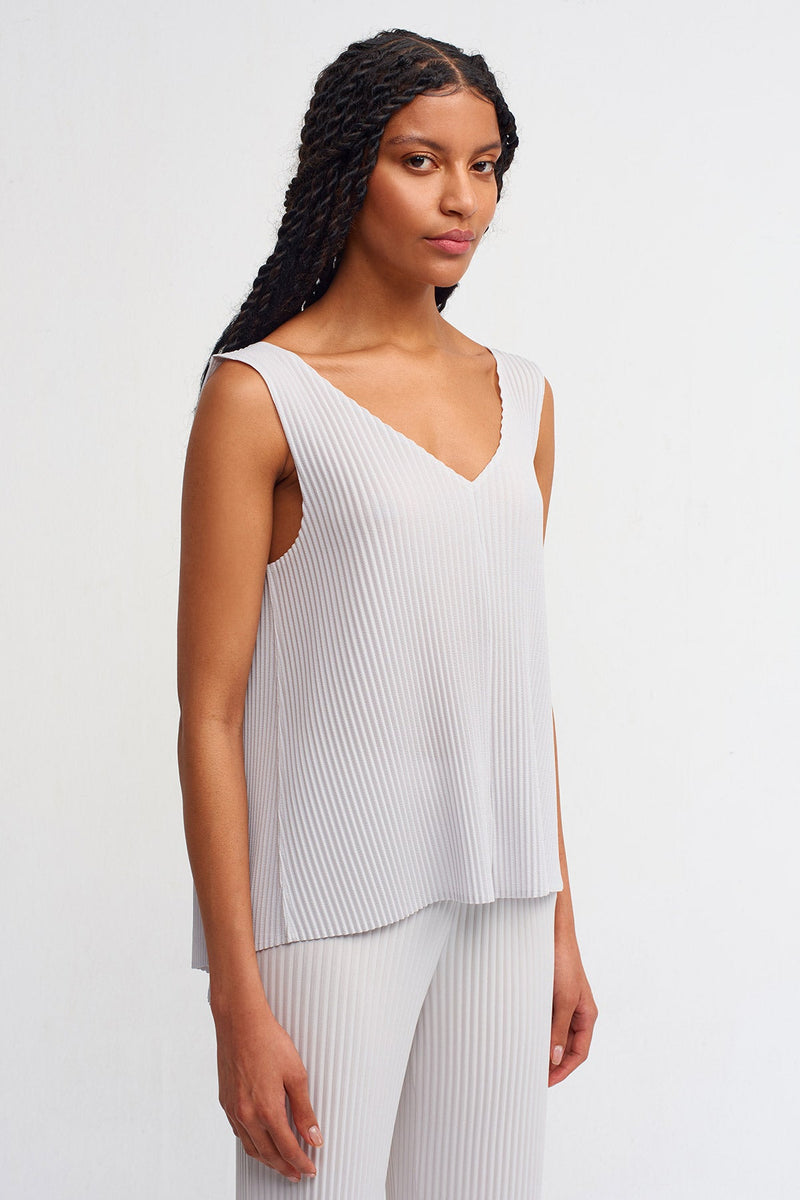 NU Solid V-Neck Ribbed Blouse Ice
