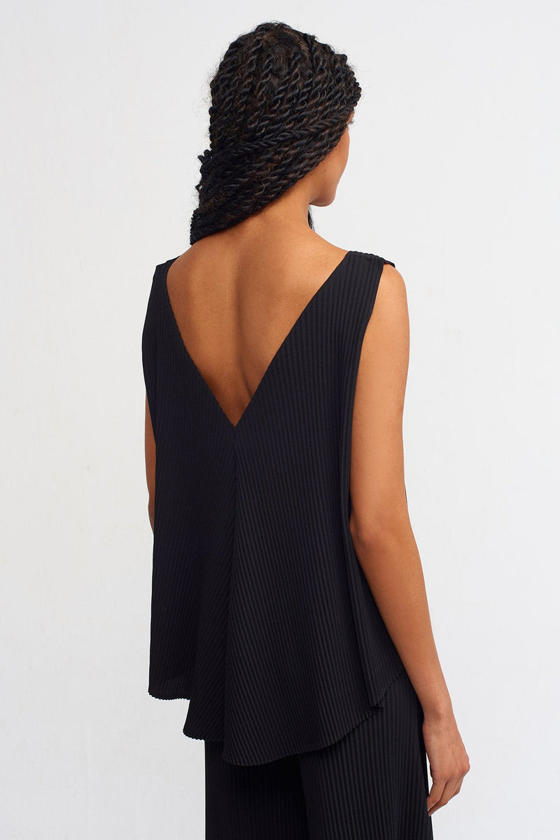 NU Solid V-Neck Ribbed Blouse Black