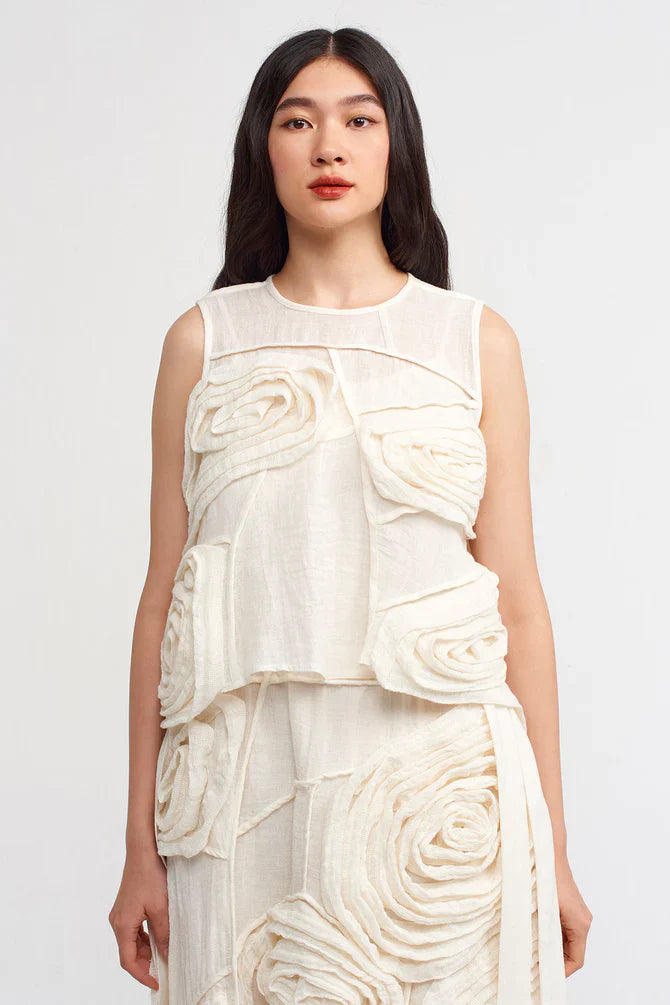 NU Flower Pattern Textured Blouse Off White