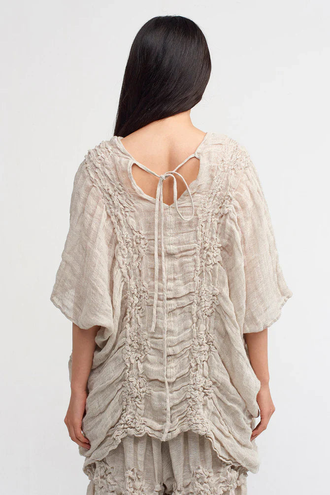 NU Shirred Detail Asymmetrical Blouse Light Grey