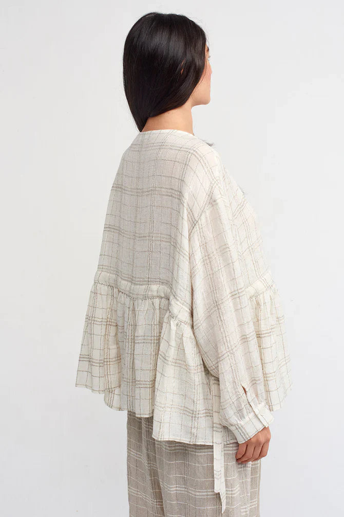 NU Checkered Tiered Hem Blouse Natural