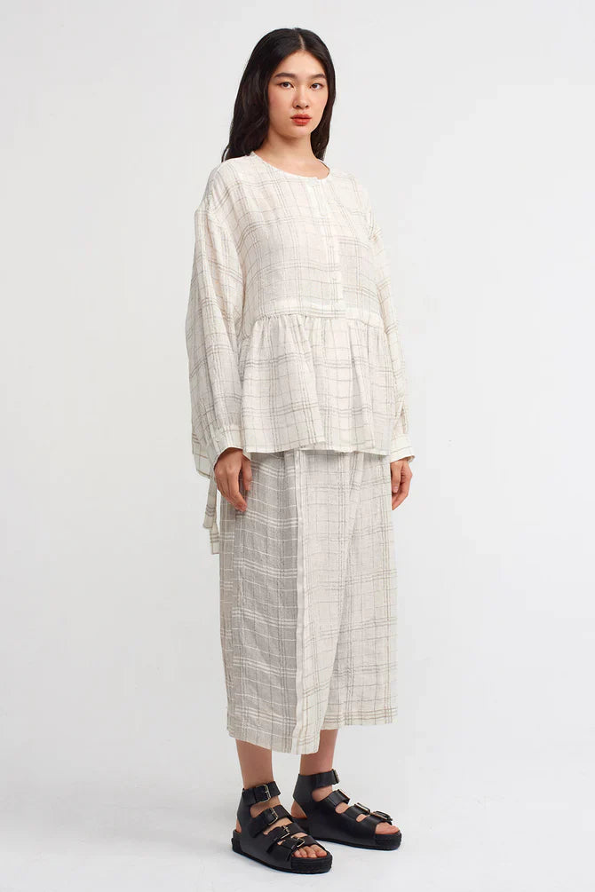 NU Checkered Tiered Hem Blouse Natural