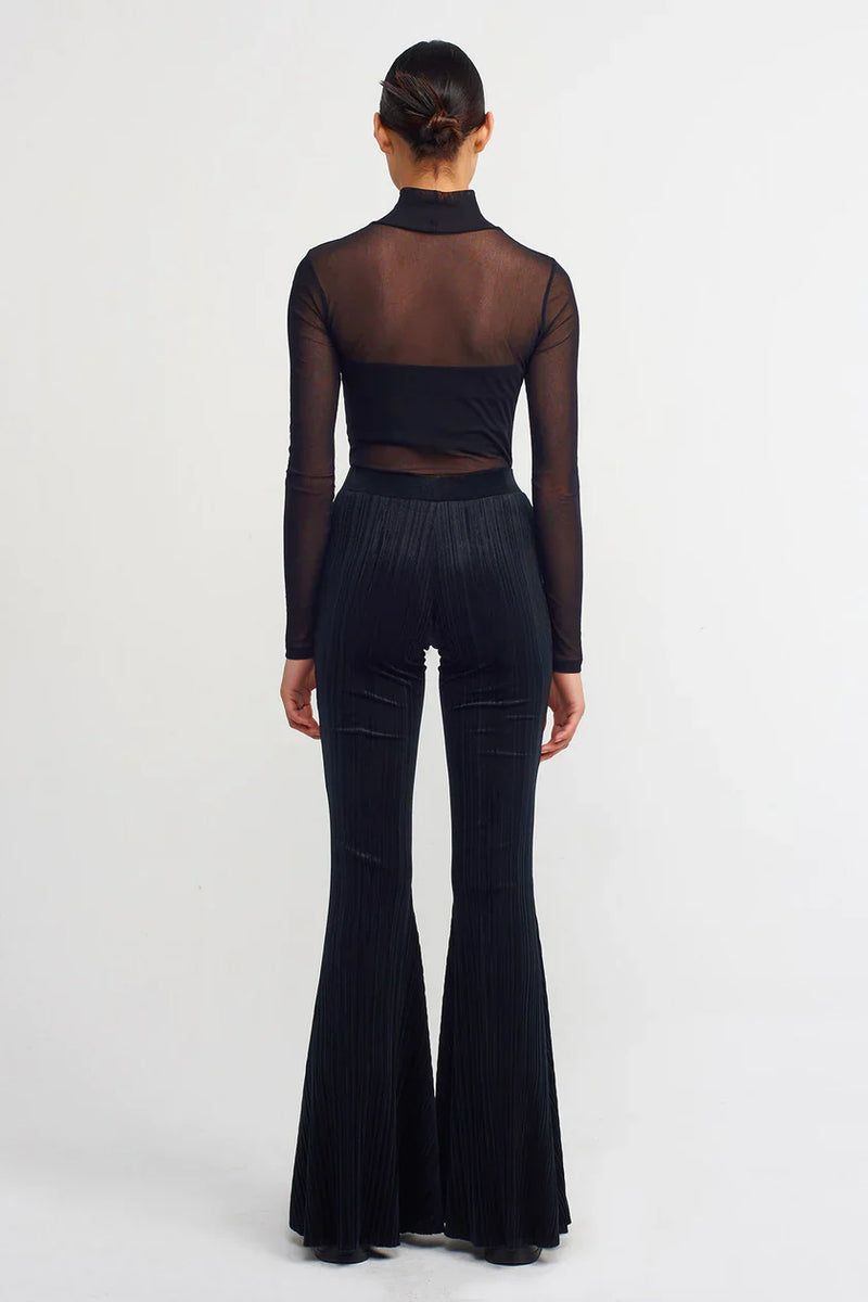 NU Velvet Pleated Flare Trousers Black