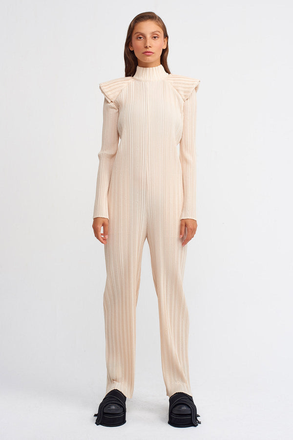 NU High Collar Pleated Jumpsuit Natural