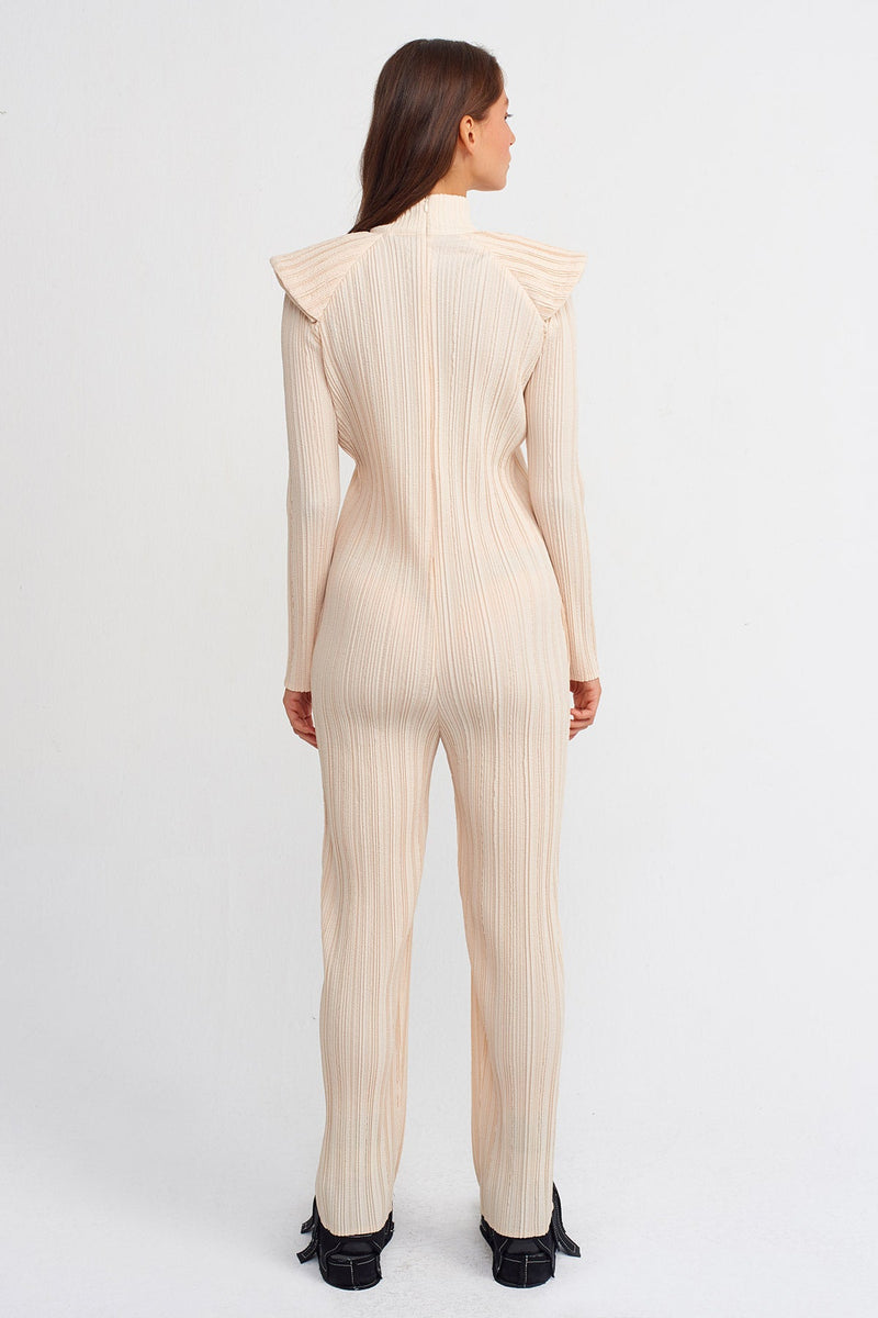 NU High Collar Pleated Jumpsuit Natural
