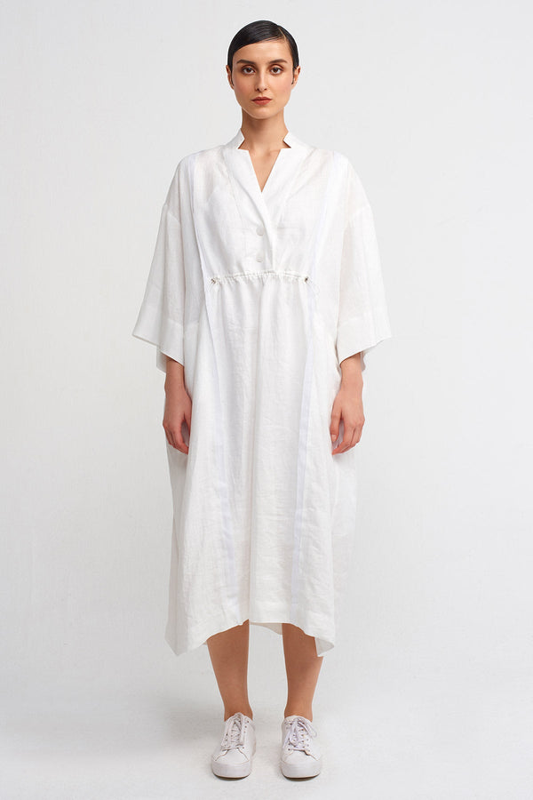 NU V-Neck Midi Linen Dress Off White
