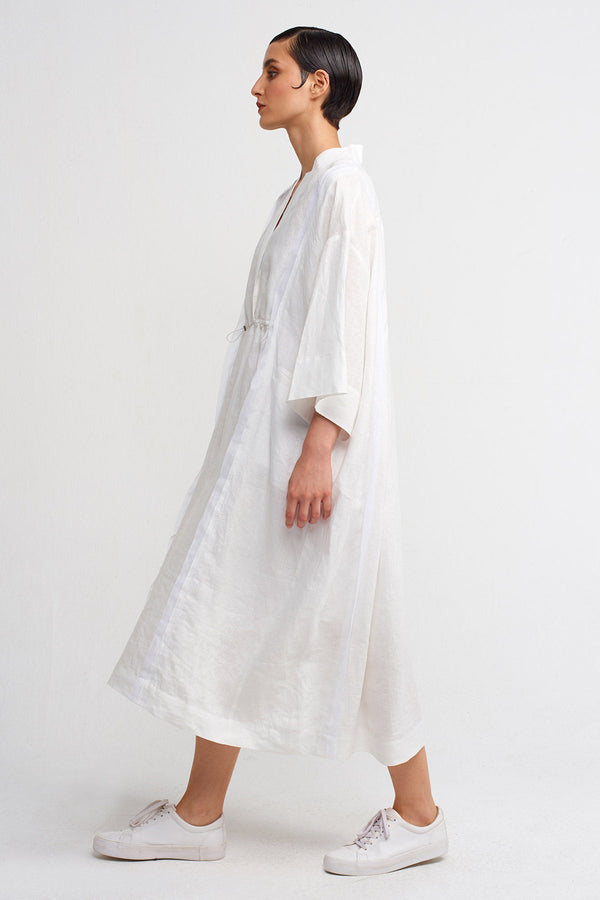 NU V-Neck Midi Linen Dress Off White
