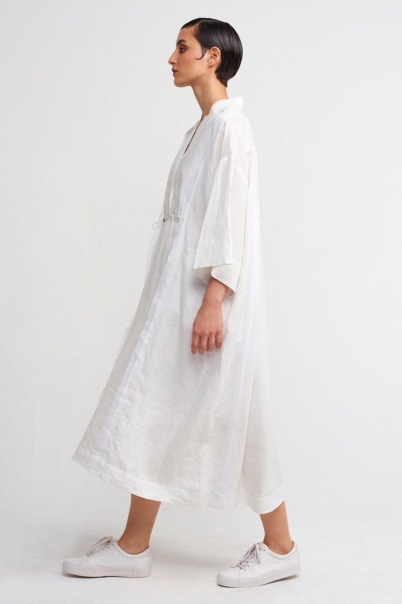 NU V-Neck Midi Linen Dress Off White