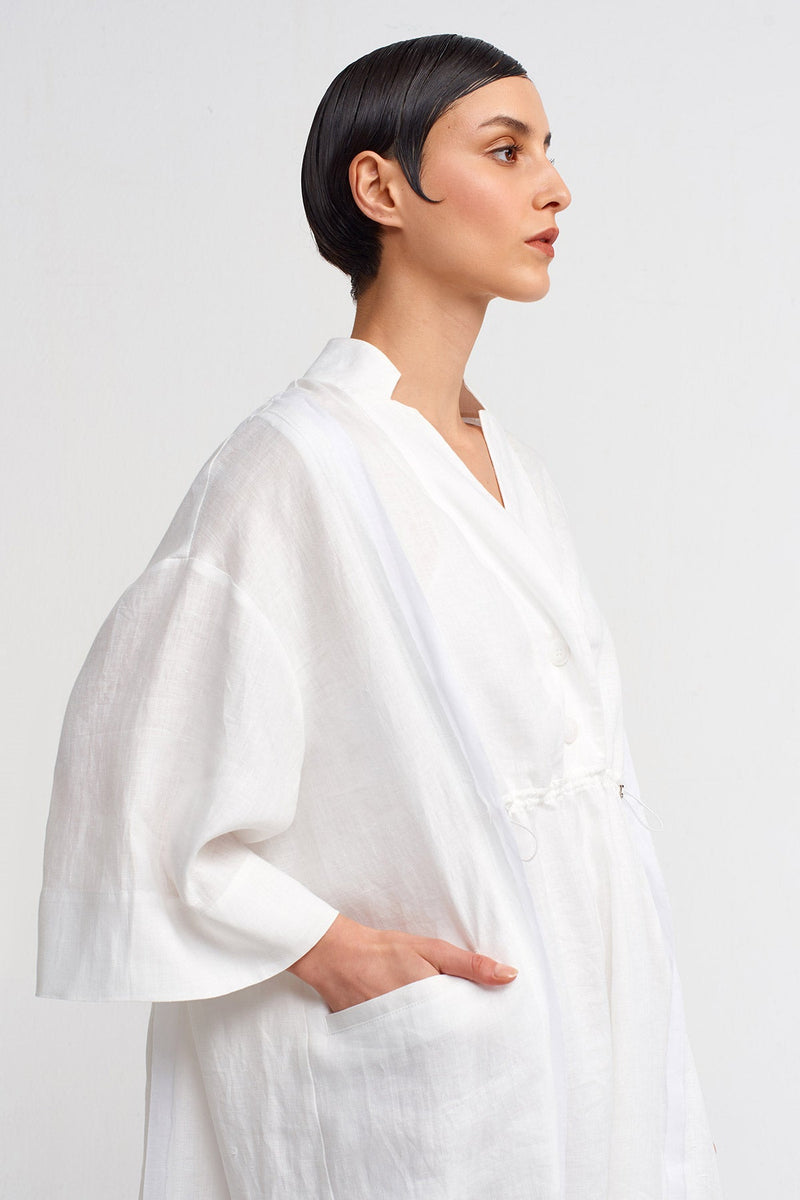 NU V-Neck Midi Linen Dress Off White
