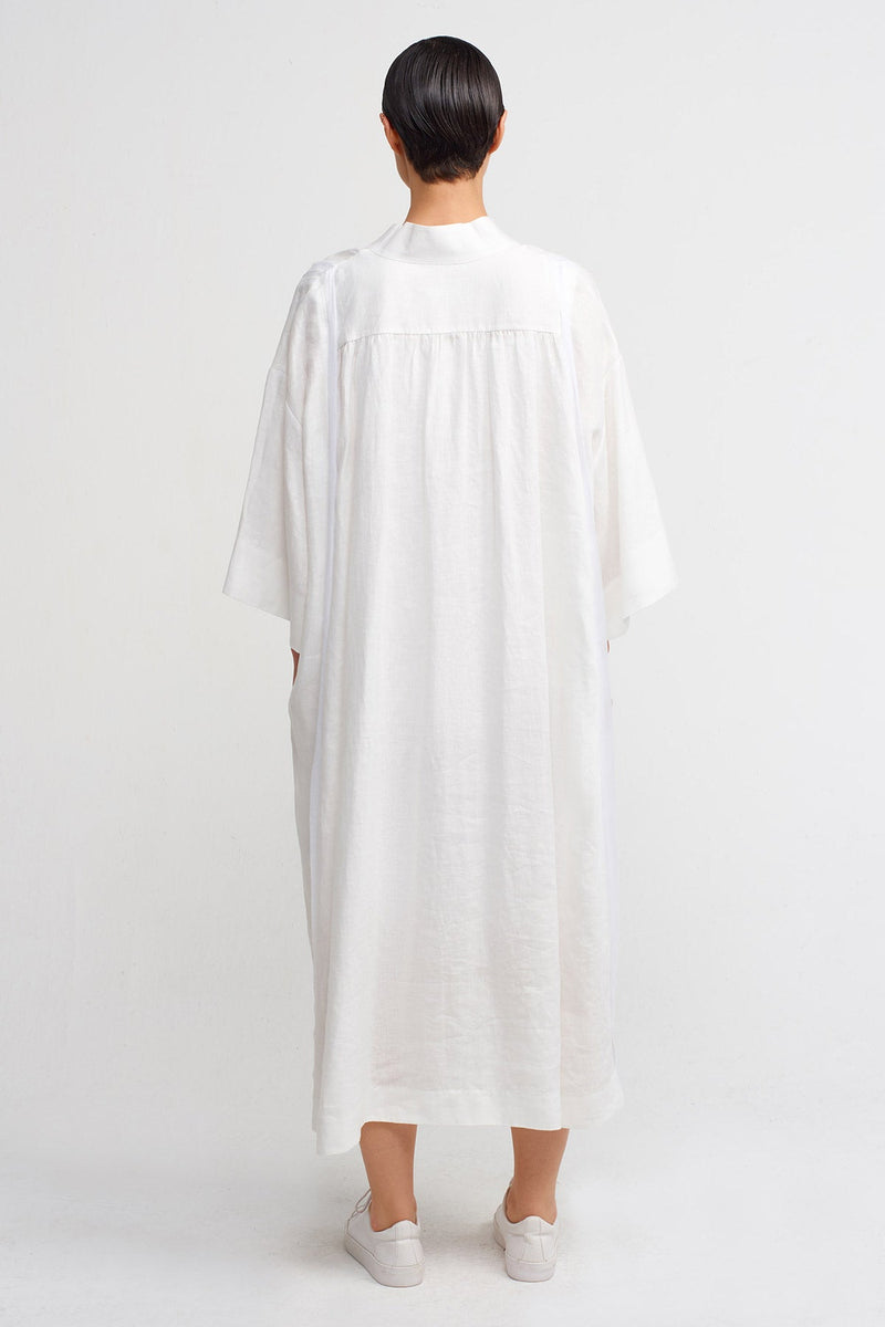 NU V-Neck Midi Linen Dress Off White