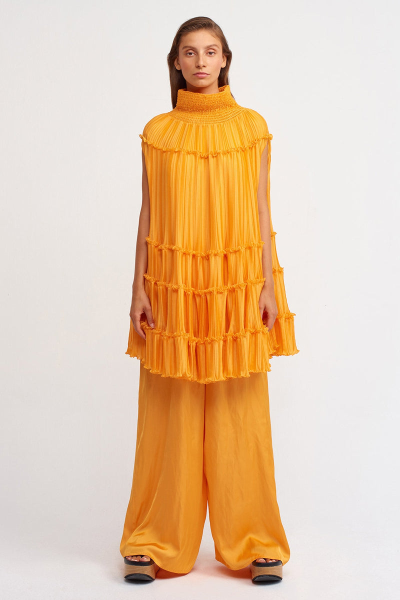 NU High Neck Pleated Tiered Dress Light Orange