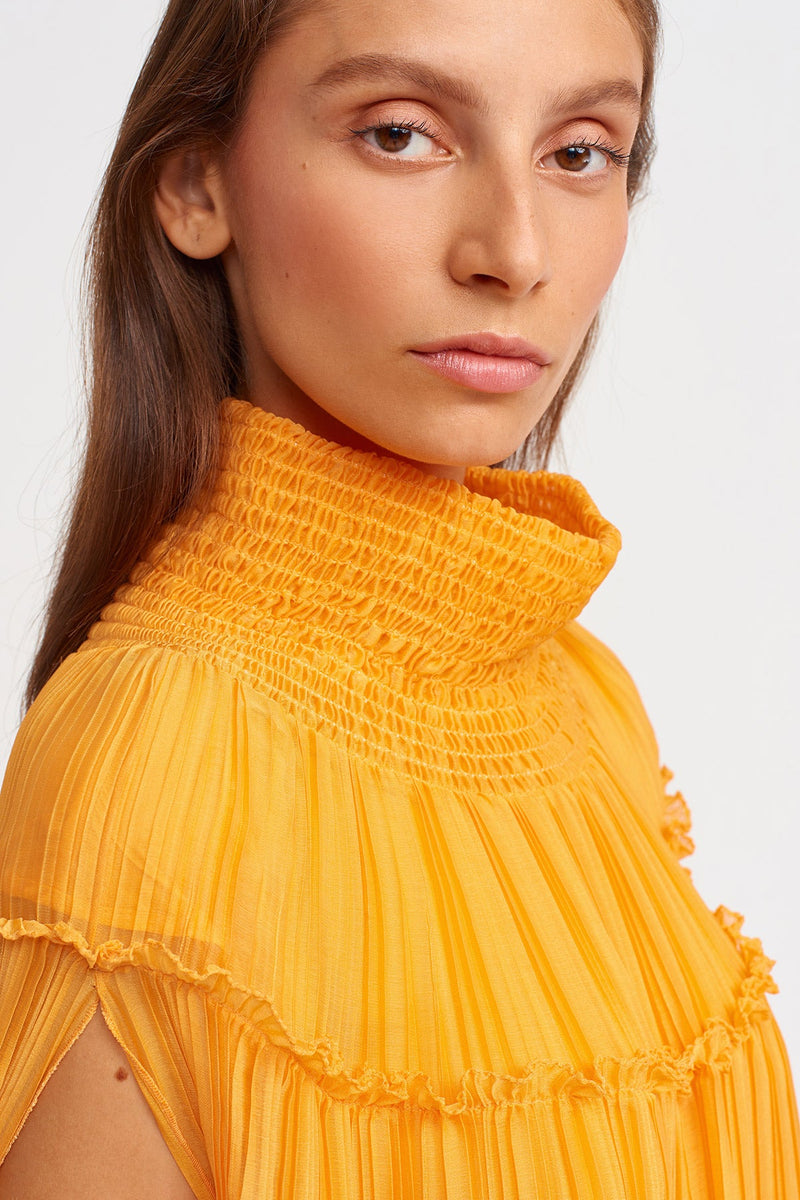 NU High Neck Pleated Tiered Dress Light Orange
