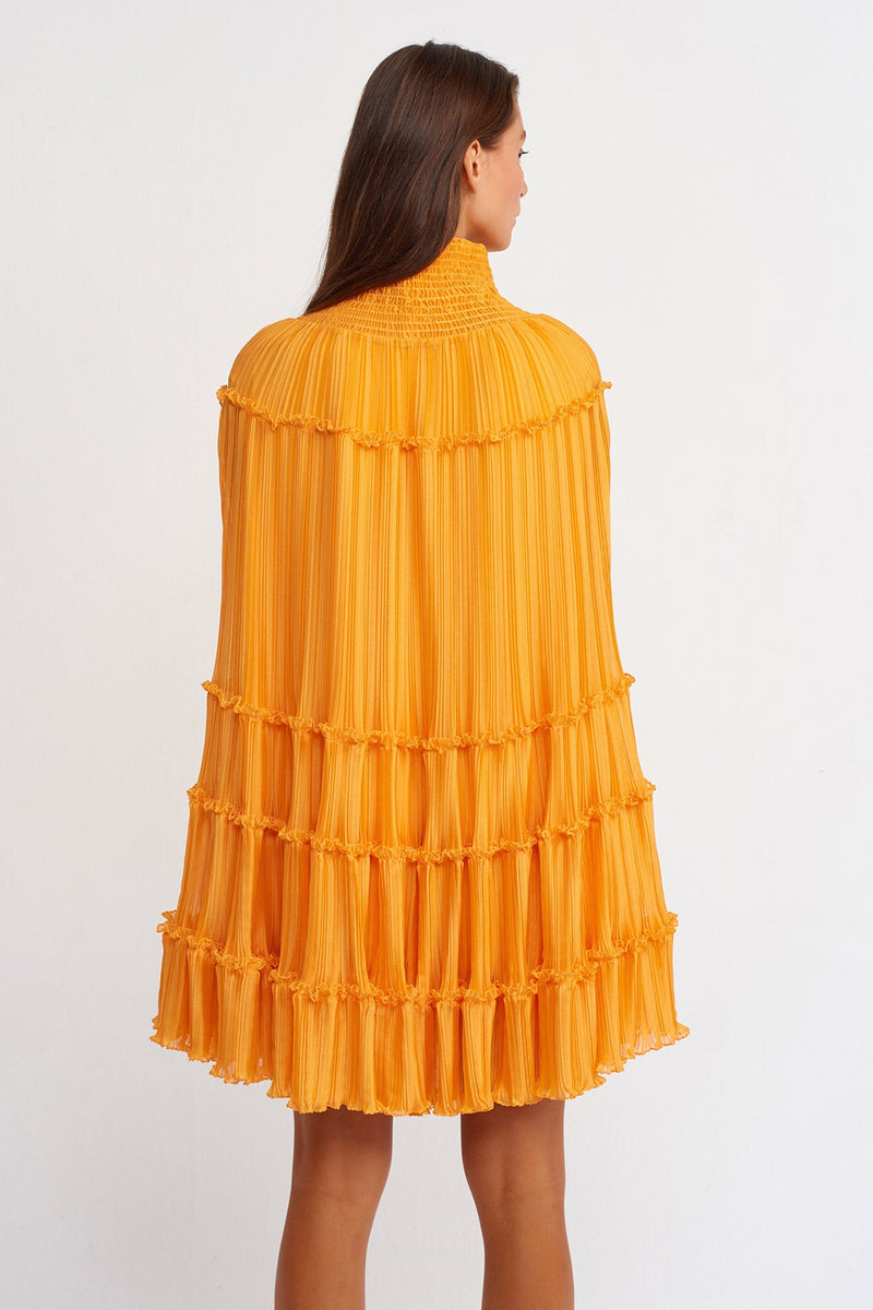 NU High Neck Pleated Tiered Dress Light Orange