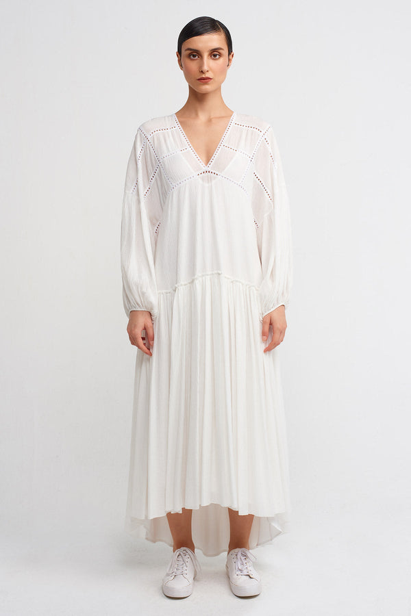 NU V-Neck Crinkled Fabric Long Dress Off White