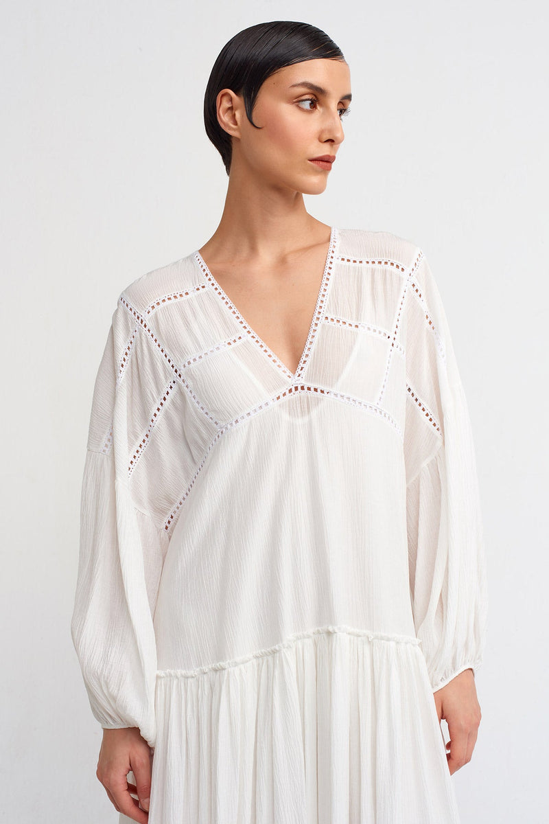 NU V-Neck Crinkled Fabric Long Dress Off White