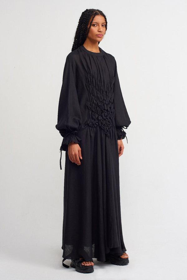 NU Solid Shirred Detail Maxi Dress Black