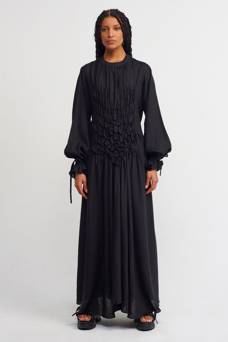 NU Solid Shirred Detail Maxi Dress Black