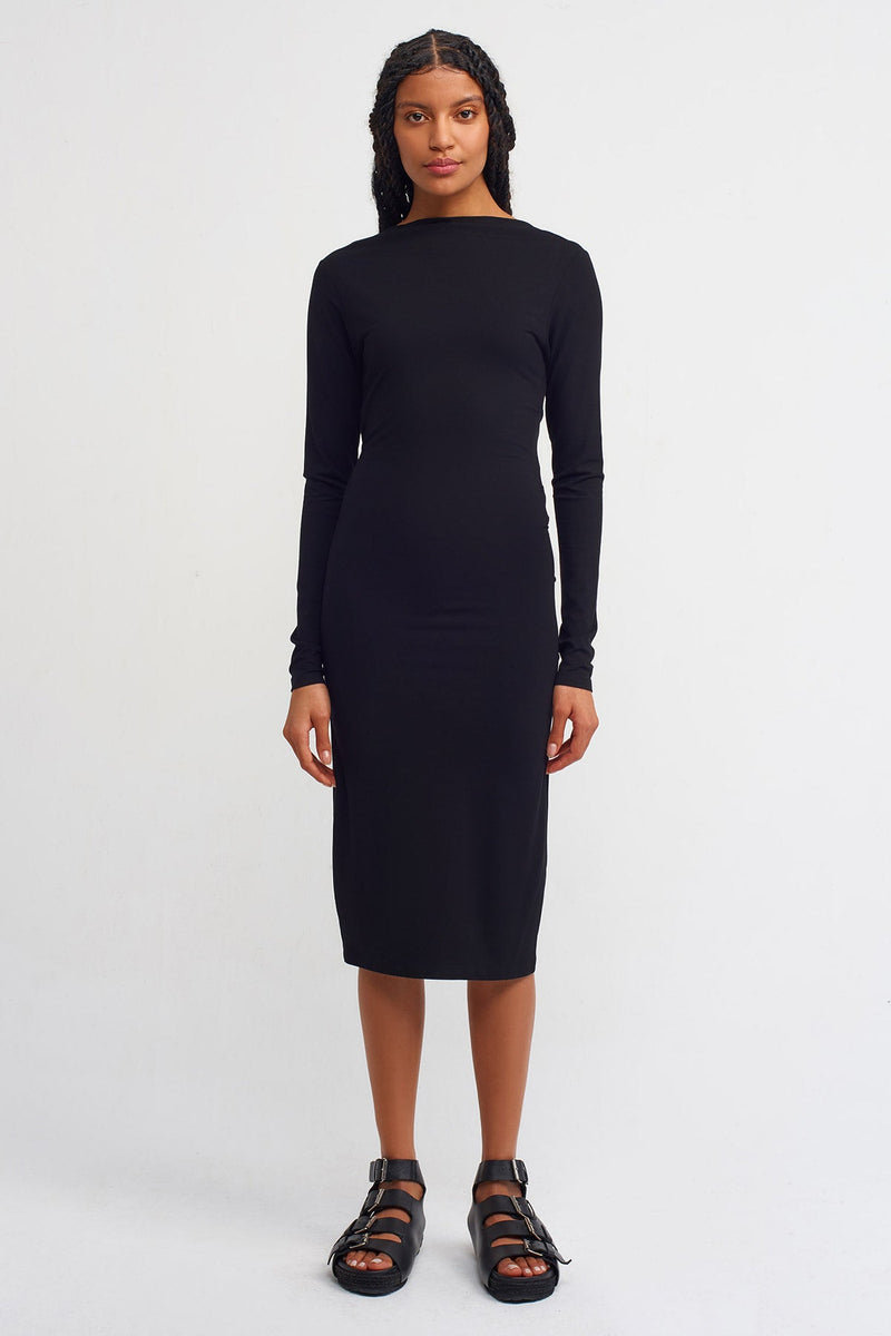 NU Solid Slim Fit Midi Dress Black