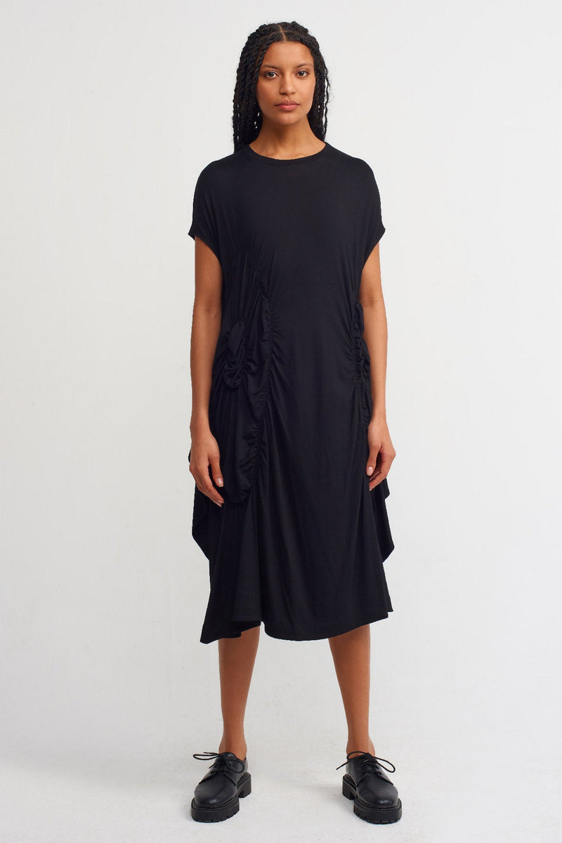 NU Shirred Detail Midi Dress Black