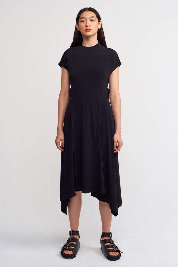 NU Solid Asymmetrical Midi Dress Black