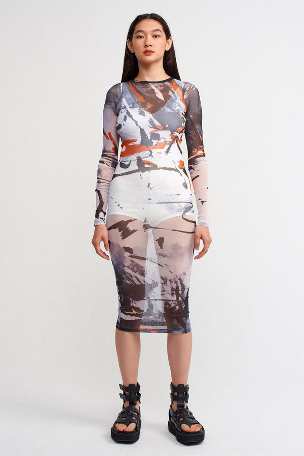 NU Printed Slim Fit Tulle Dress Multi Color