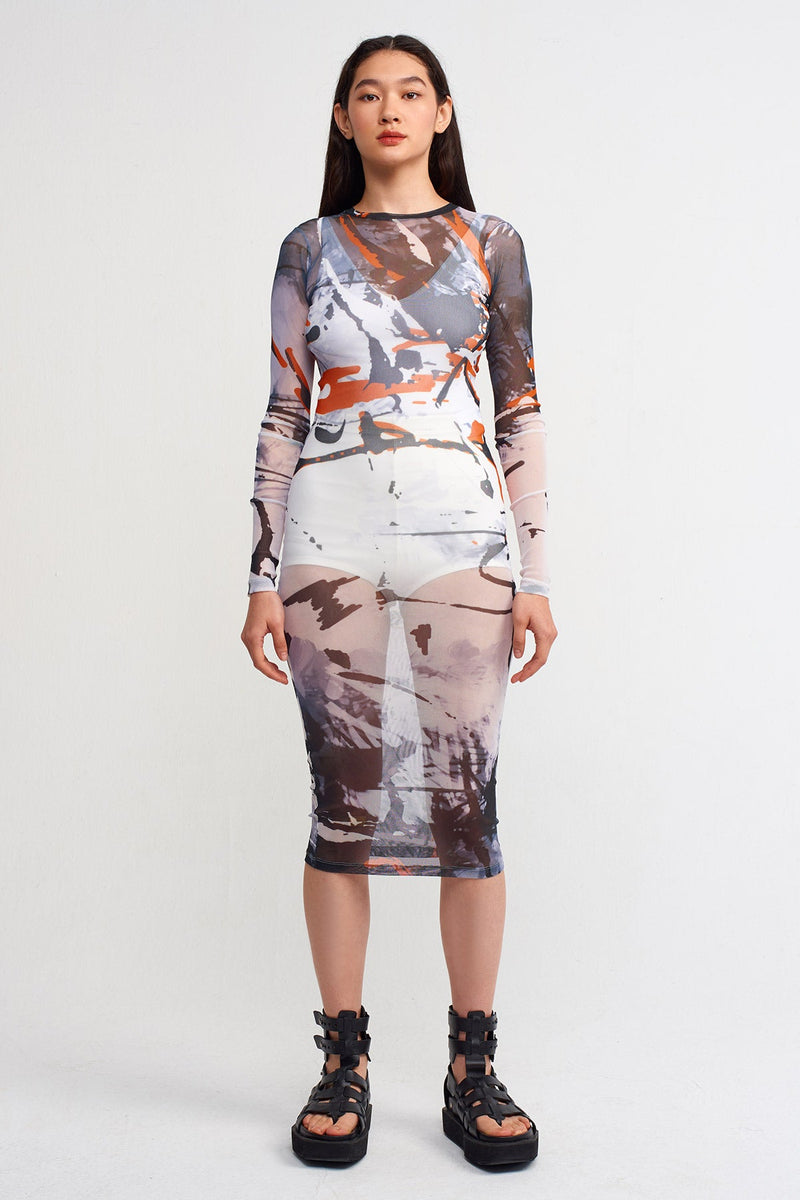 NU Printed Slim Fit Tulle Dress Multi Color