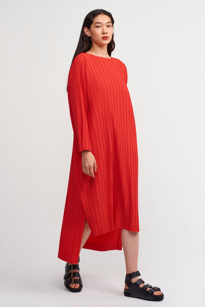 NU Allover Pleated Midi Dress Red