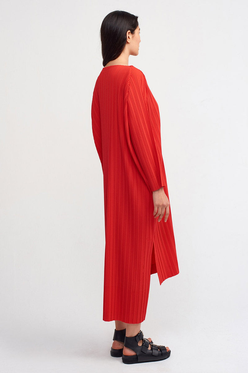 NU Allover Pleated Midi Dress Red
