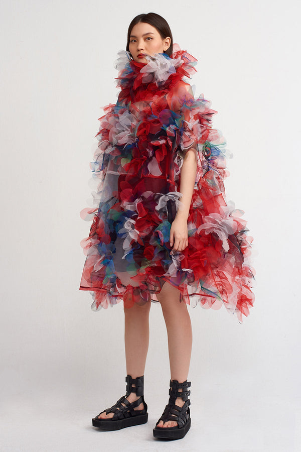 NU Printed High Collar Organza Mini Dress Multi Color